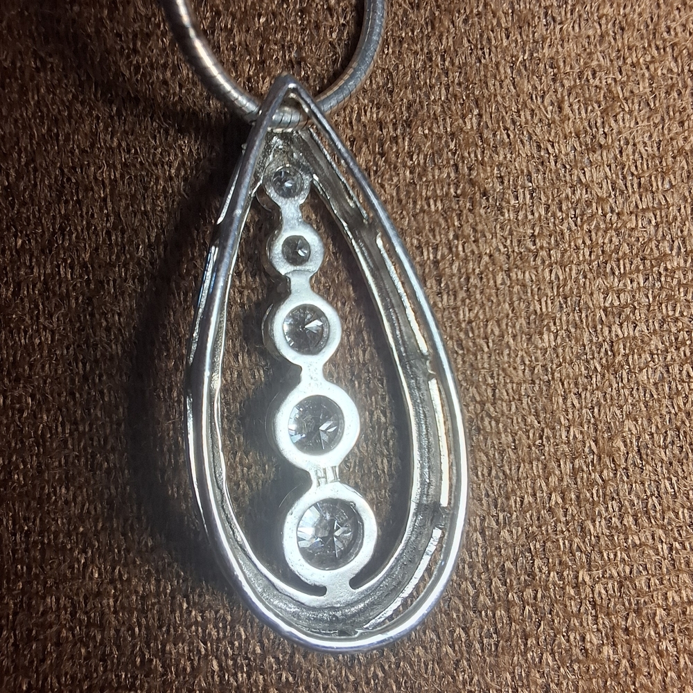💎 Sterling Silver Teardrop Journey Necklace w CZ Diamonds on Round Snake Chain - Picture 13 of 16